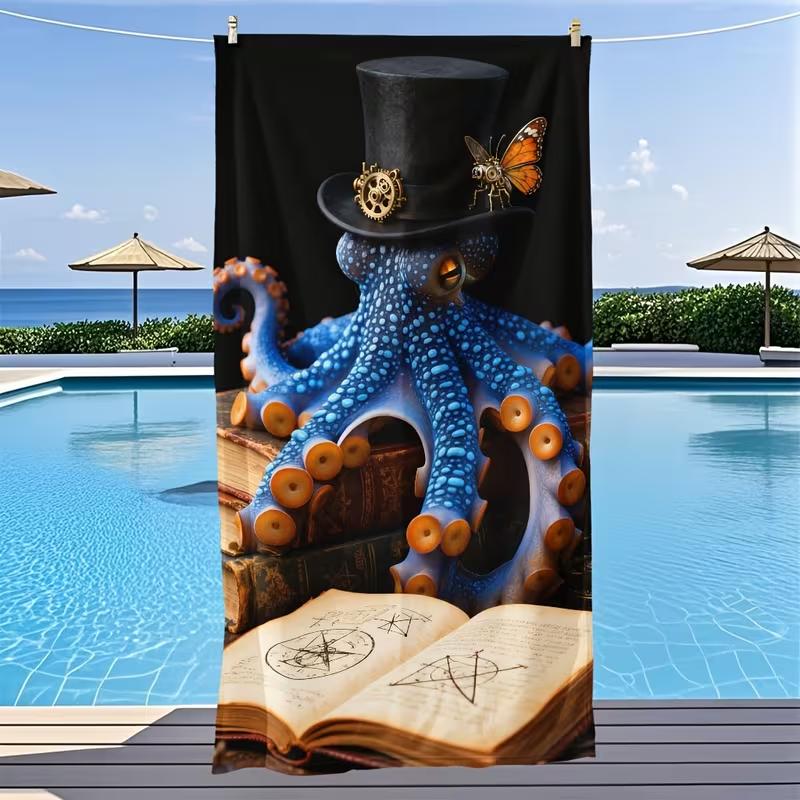 Steampunk Top Hat Octopus Beach Towel Gothic Vintage Book Butterfly Design Quick Dry Sand Resistant Towel