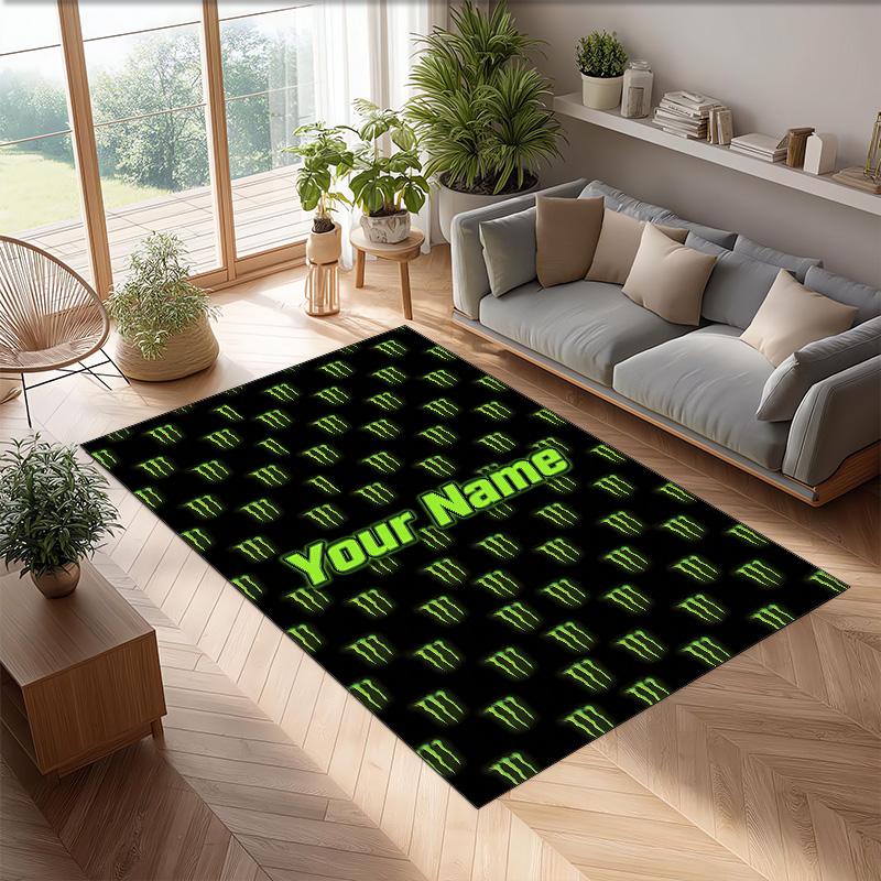 Monster Energy Crystal Velvet Rug, Custom Name Text Personalized Non‑Slip Floor Mat for Home Decor Gift