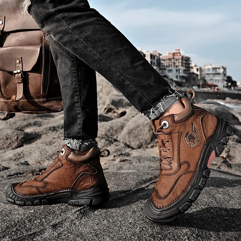 Модные походные мужские ботинки, новые кожаные походные ботинки для мужчин, нескользящие повседневные ботинки в стиле ретро, зимние теплые удобные кожаные мужские ботинки
