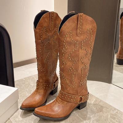 Мода Осень Зима Пряжка Ремень Заклепка Женские Западные Ковбойские Сапоги Мода Слипоны Обувь на Толстом Каблуке Вышивка Рыцарские Боты