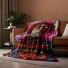 Surreal portrait with vibrant colors, chaotic patterns, and bold text. for all seasons blanket lunch break throw gift