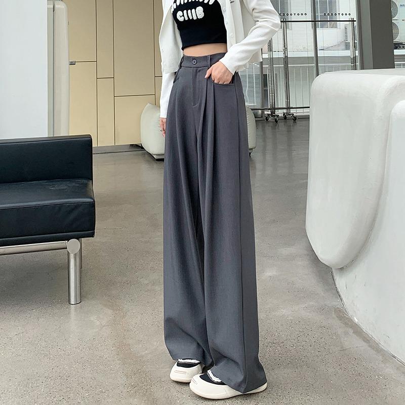 Модные новые женские прямые широкие брюки с высокой талией, простые офисные женские однотонные повседневные брюки, свободные элегантные облегающие женские брюки с карманами 25625