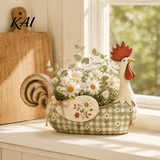 Housewarming Gift for Farmhouse Lovers Vintage Rooster Utensil Holder, Resin Chicken Kitchen Counter Organizer, Rustic Country Style Cooking