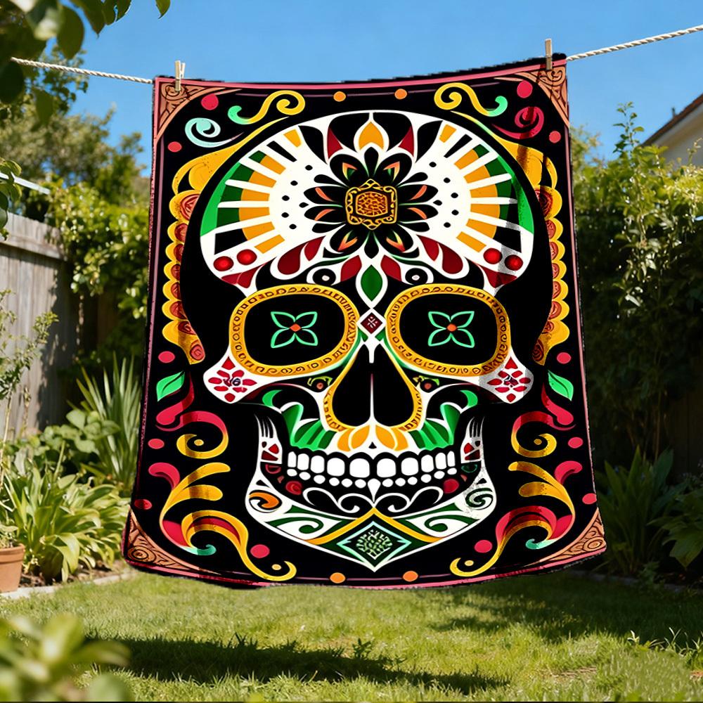 1pc Sugar Skull Artwork Print Outdoor Blanket, Lightweight Polyester,