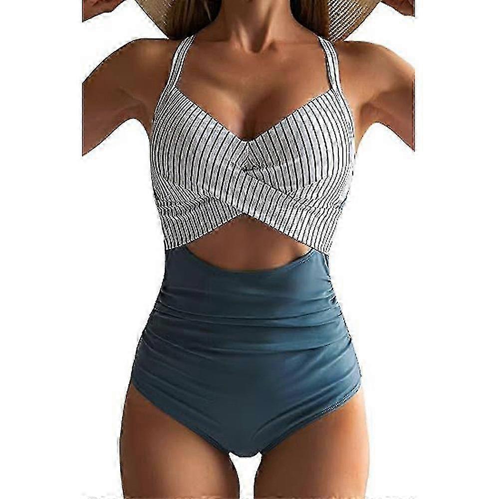 Womens Swimwear Color Block Twist Hollow Out Stretchy One Piece Swimsuit Tie Back Criss Cross Bathing Suit 25-26