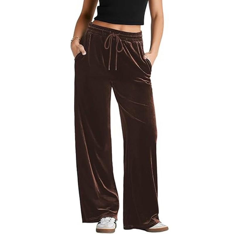 Womens High Waist Straight Wide Leg Trousers Velvet Casual Pants