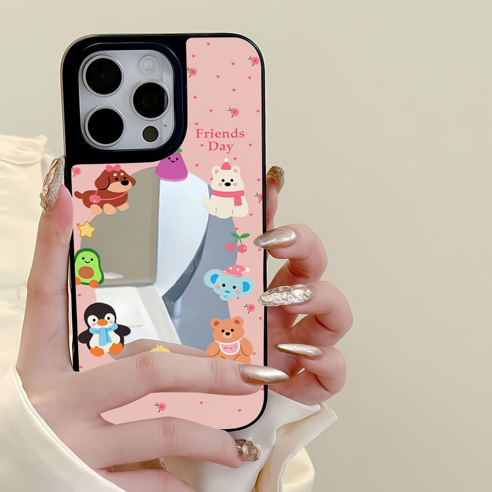 Круглые животные подходят для Apple 17ProMax черный каркас зеркальный чехол для мобильного телефона 15 полностью закрывающий 13/12 нишевый 14 большие отверстия