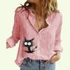 Women Lapel Neck Fashion Buttoned Shirt Spring&summer Thin Cotton Linen Top Casual Cat Print Blouse