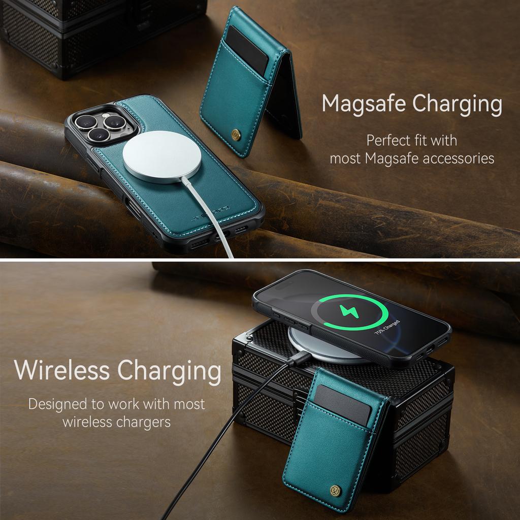 For iPhone 15 Pro Max Leather Back Cover Compatible with MagSafe JEEHOOD J06 Phone Case with Card Bag RFID Blocking