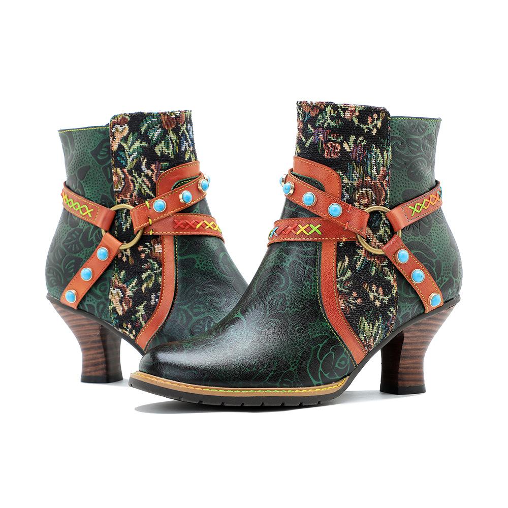 Johnature Сапоги из натуральной кожи. Модные женские туфли на высоком каблуке. Короткие сапоги в стиле ретро с заклепками в стиле пэчворк.