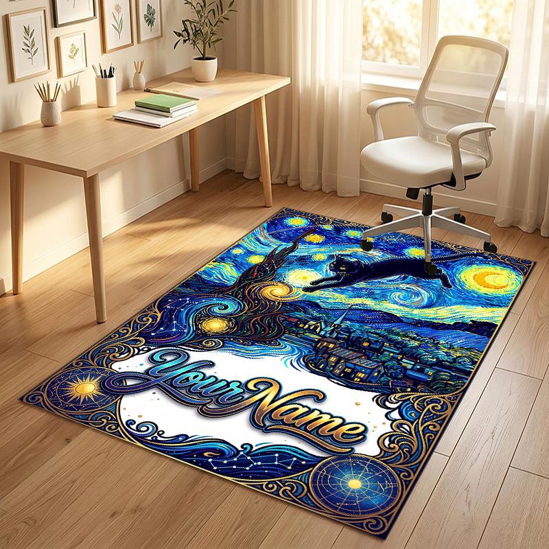 Starry Night Cat Dreamscape Theme Soft Crystal Velvet Rug Custom Name & Text Print Non Slip Floor Rug for Bedroom Living Room