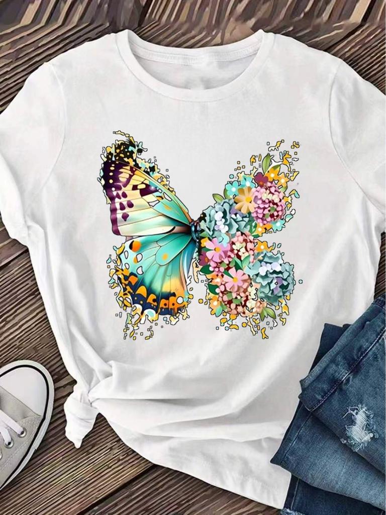 Butterfly Floral Art Design Print Women'S Regular T-Shirt, Fun Cartoon Pattern Print Round Neck Casual Versatile, Machin