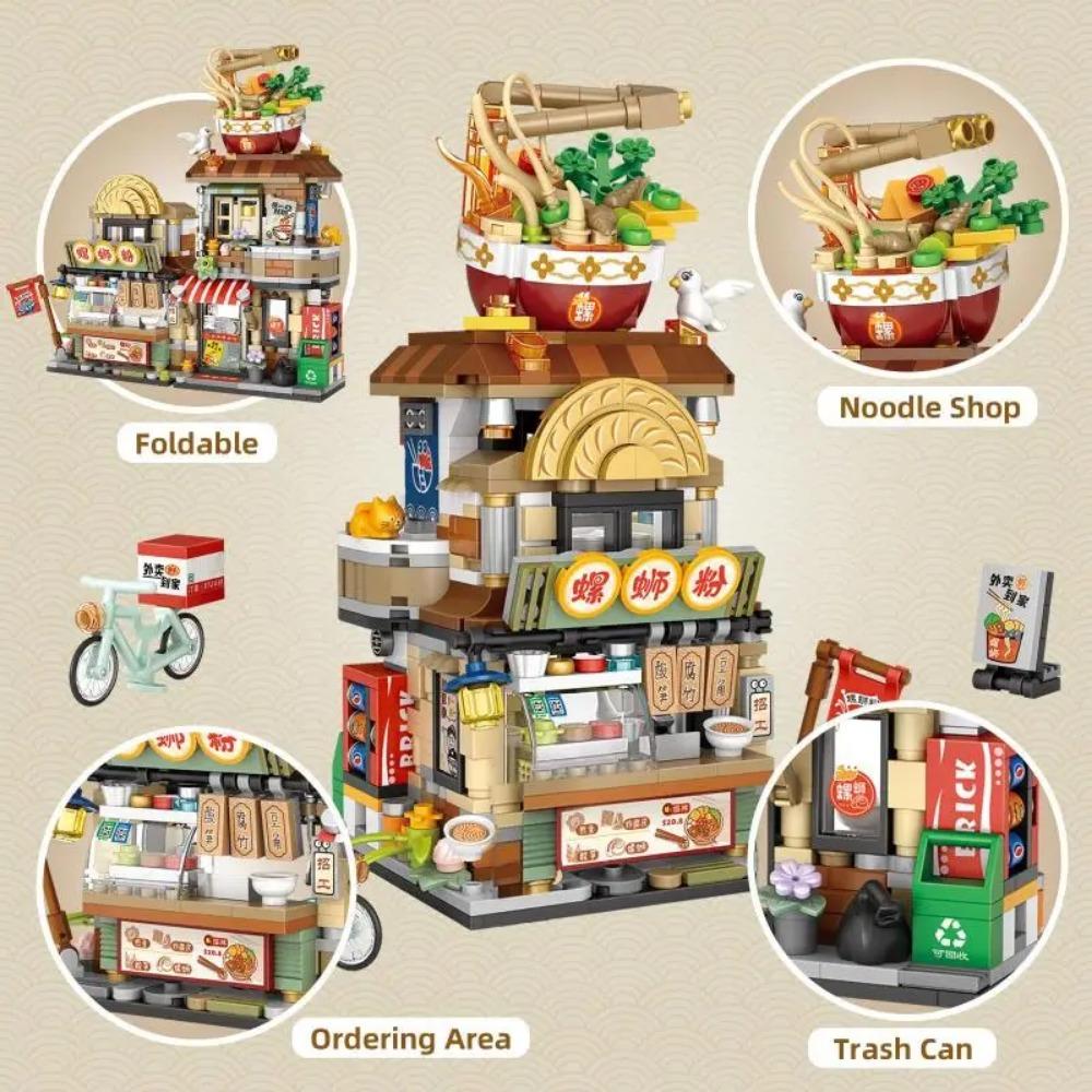Street View Mini Building Blocks Set Китайская хипстерская модель магазина блюд Игрушки для взрослых Магазин лимонного чая Речные улитки Магазин рисовой лапши