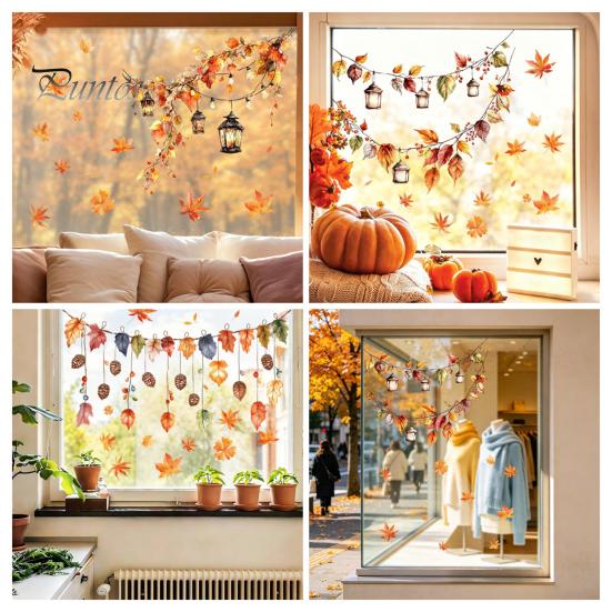 Durable Window Clings for Glass Autumn Maple Leaf Pinecone Scarecrow Pumpkin Static Clings, Waterproof PVC Film Stickers, Removable Seasonal