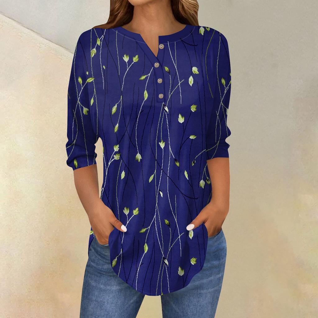 3/4 Length Sleeve Womens Tops Summer T-Shirts Floral Print V Neck Casual Basic Tee Button Shirts Tunic Tops