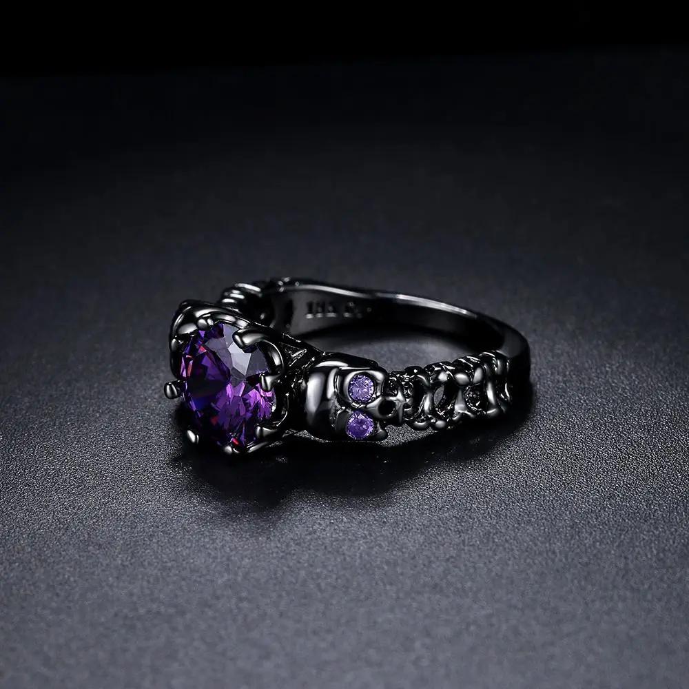 Hot Sale Western Fashion Black Skull Ring Personality Gothic Delicate Purple Zircon Copper Ring for Punk Women Statement Jewelry
