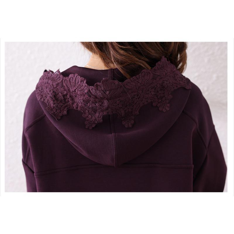 Dimanaf 2024 Плюс Размер Осень Однотонная Футболка Женская Новая Кружевная Капюшонная Пуловер Длинный Рукав Свободные Модные Топы Футболки