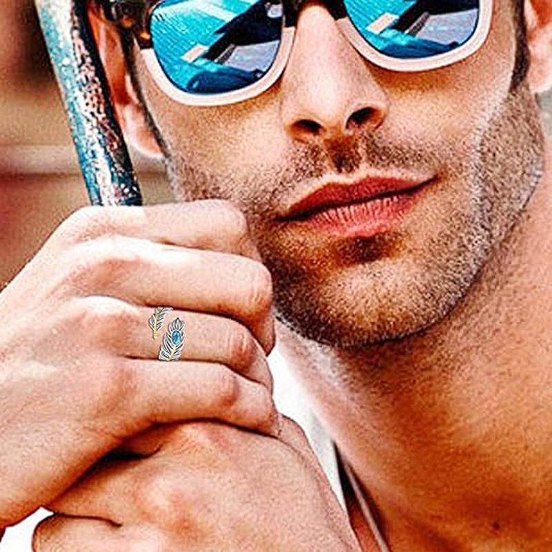 Feather Ring For Women, Imitation Turquoise Fashion Jewelry, Vintage Personalized Design Ring