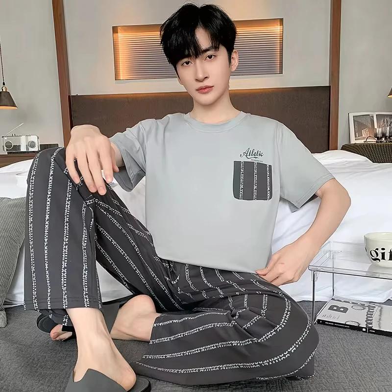 Summer Soft Cotton Pajamas Set for Men Fashion O-neck Pyjamas Short Sleeved Plaid Pants Home Suit