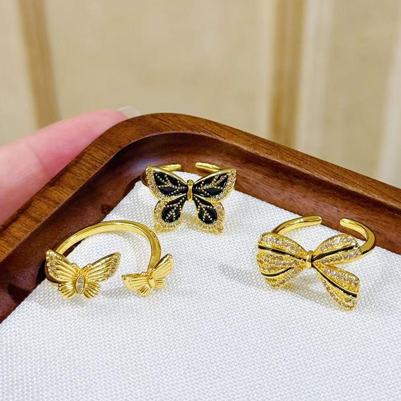 Medieval Vintage Enamel Ribbon Bow Ring Women'S Niche High-End Butterfly Index Finger Ring
