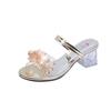 2024 Summer High Heeled Sandals Women Rhinestone Floral Deco Clear Strap Chunky Shoes Slippers Luxury Slides Transparent Square Heels