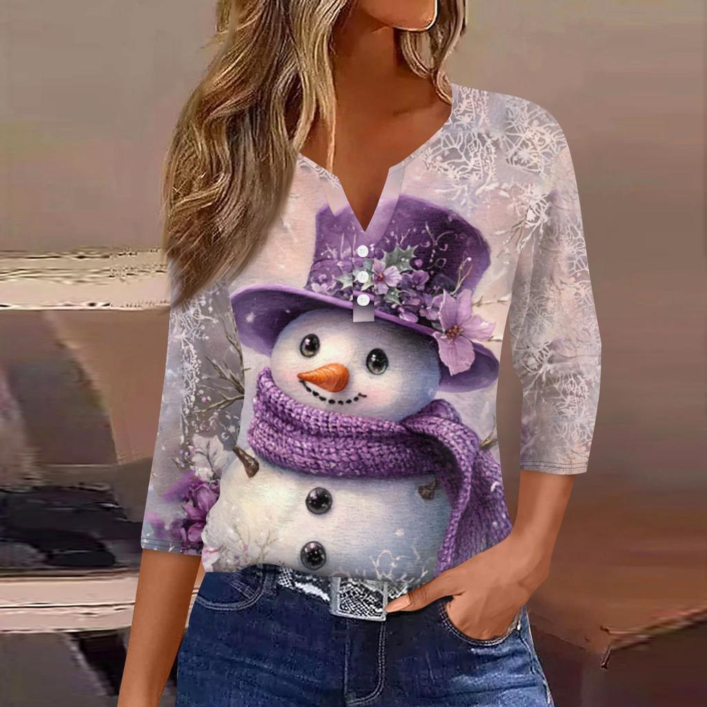 Women's Fashionable Casual Christmas Printed V-neck Three-quarter Sleeve Decorated Button Top
