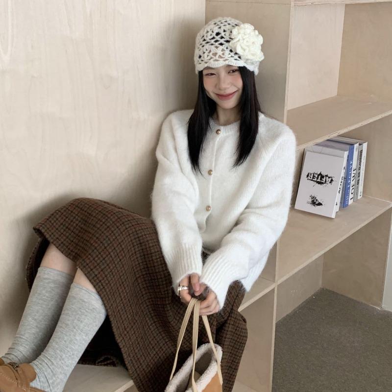 Свитер-куртка с круглым вырезом, однотонный, на осень и зиму, женский, свободный, мягкий, восковой, молочный, кардиган крупной вязки