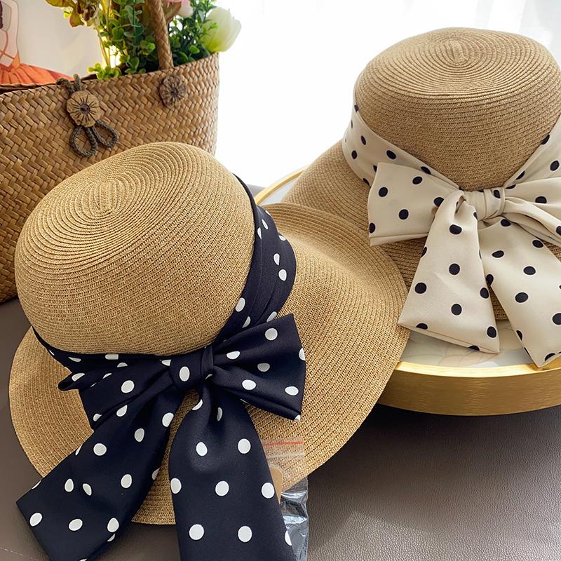Big Edge Straw Hat Polka Dot Long Bow Hat Women's Summer Sun Hat Seaside Travel Sun Hat Big Eaves Bucket Hat