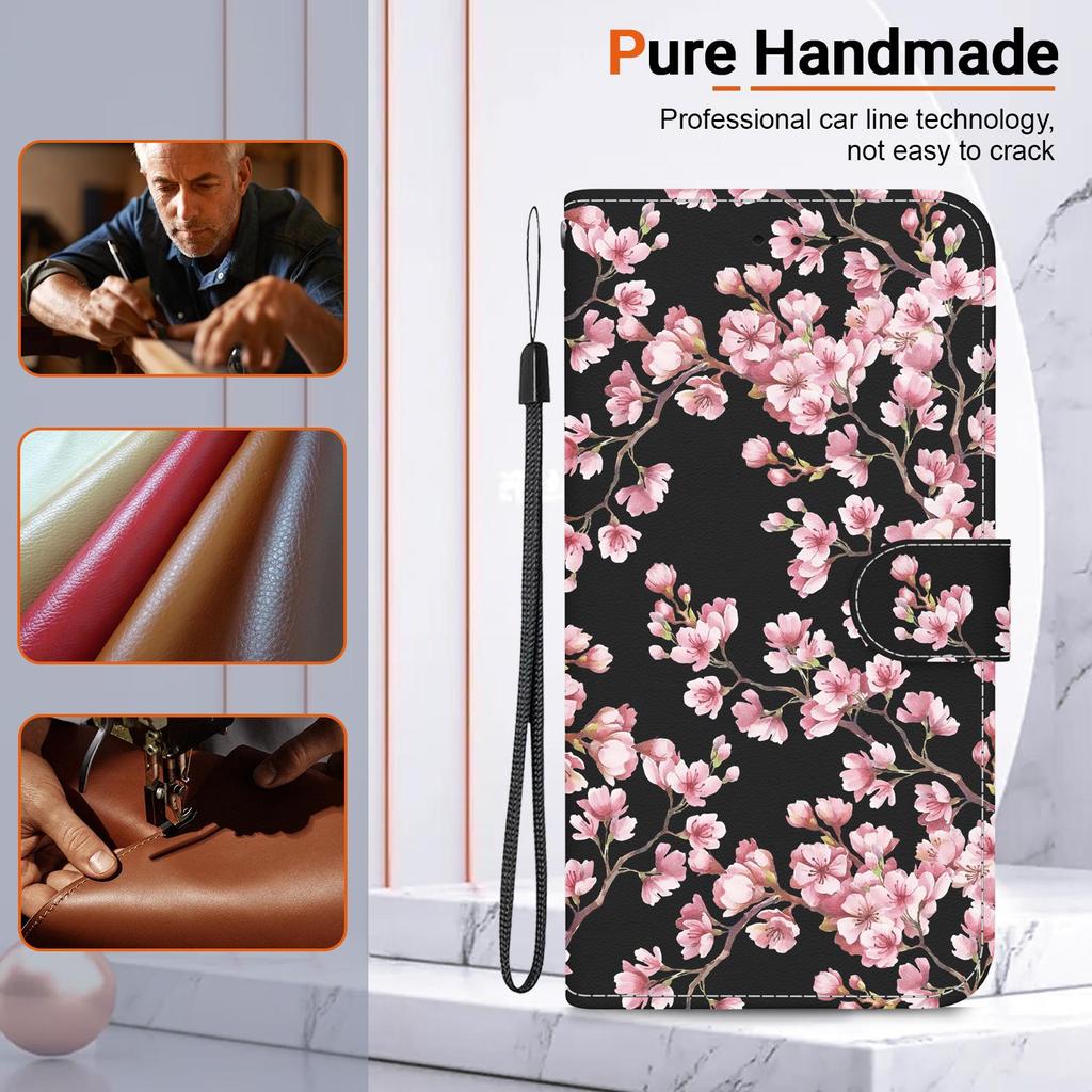 3D Art Painting Sakura Flower Butterfly Pattern Leather Phone Wallet Case Book Stand For Huawei Moto Oppo Realme 10 Girls Magnetic Card Flip Cover Bag