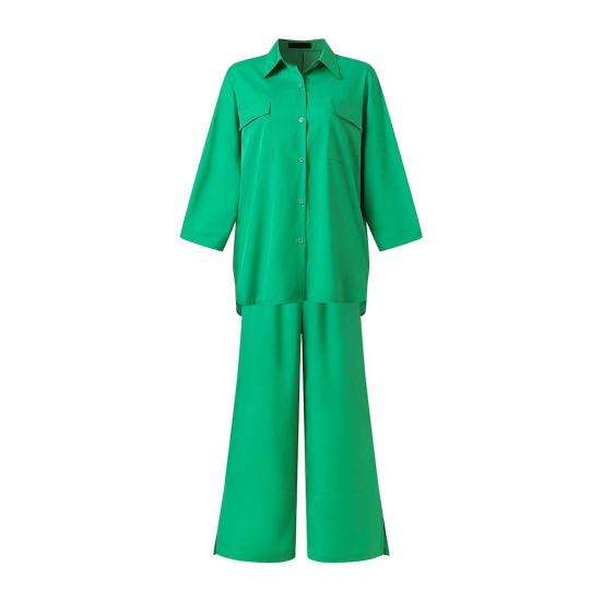 Женский комплект из хлопка и льна из двух предметов: рубашка на пуговицах с рукавом 3/4 и брюки с широкими штанинами и разрезом. Повседневный свободный домашний костюм.