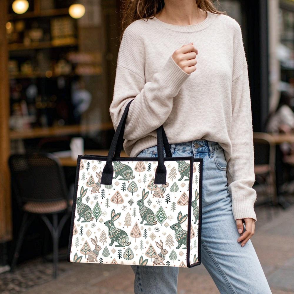 Cute Rabbit Pattern Canvas Tote Bag Daily Use Shopping Handbag Lightweight Portable Casual Carry Bag for Women