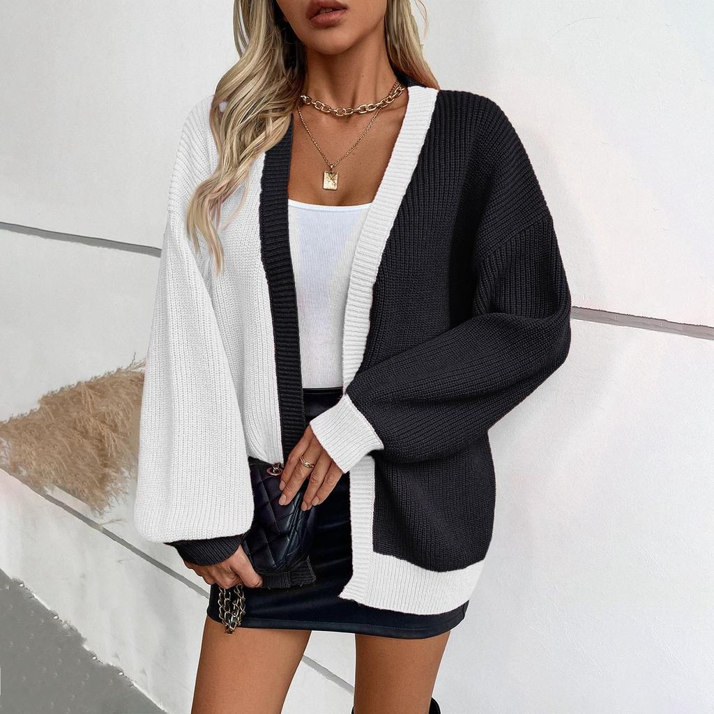 Women's Color Block Sweater Casual Loose Long Sleeved Knitted Cardigan Jacket
