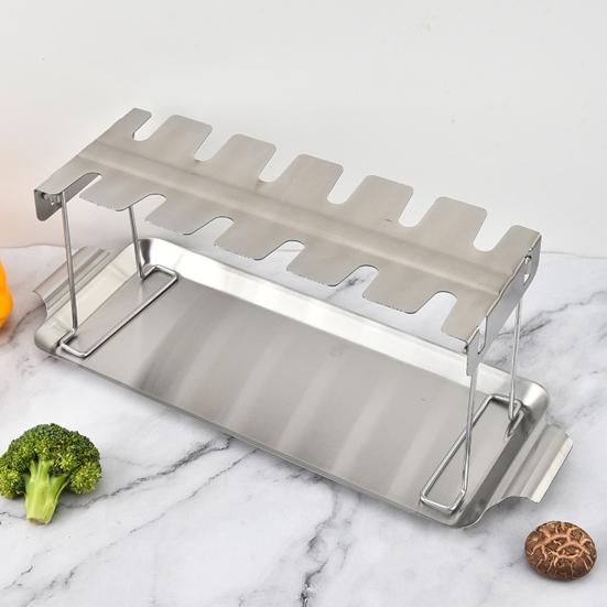 Стойка для куриных ножек для гриля, 12 слотов, из нержавеющей стали, стойка для куриных бедрышек с поддоном для сбора жира, складная стойка для куриных крылышек для равномерного приготовления, легкая очистка, гриль