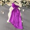 Slash shoulder dress women's high sense hollow waist pleated dress skirt waist irregular shoulder skirt temperament commute