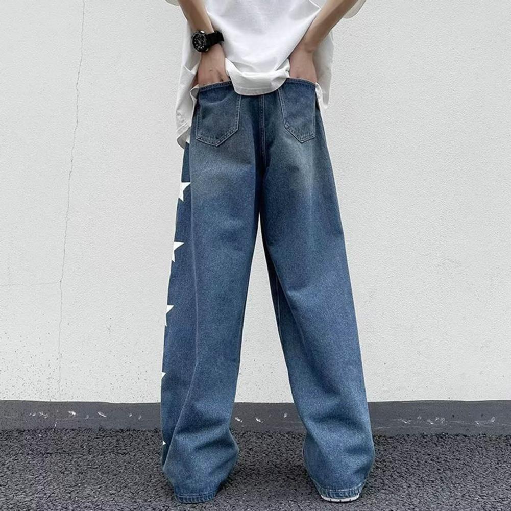 Men Jeans Wide Leg Straight Loose Star Print Full Length Solid Color Pockets Button Zipper Closure Soft Retro Streetwear Men Lon