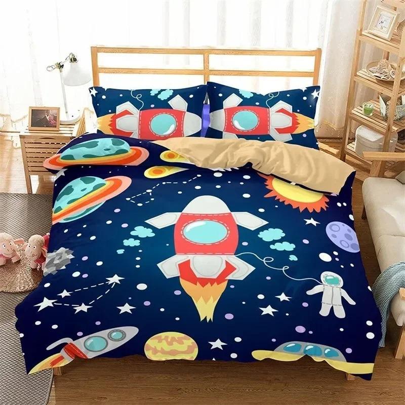 Cartoon Astronaut Duvet Cover King For Boys Girl Galaxy Space Bedding Set Microfiber Rocket Ship Space Adventure Comforter Cover
