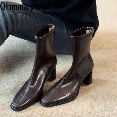 Винтажные женские ботильоны на высоком каблуке, модные ботильоны с квадратным носком, осенне-зимняя женская обувь, женские боты