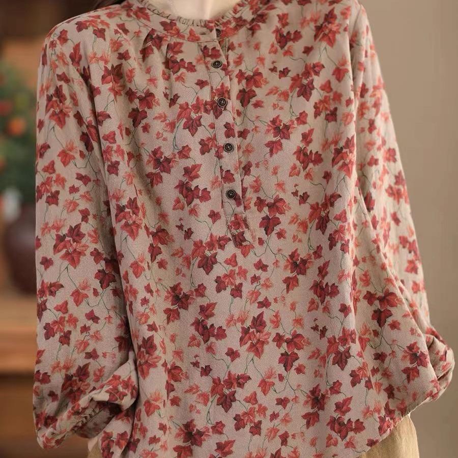 Весенне-осенняя двухслойная хлопковая крашеная пряжа с принтом, женская толстовка с воротником-грибком и цветочным принтом, литературная рубашка с длинными рукавами