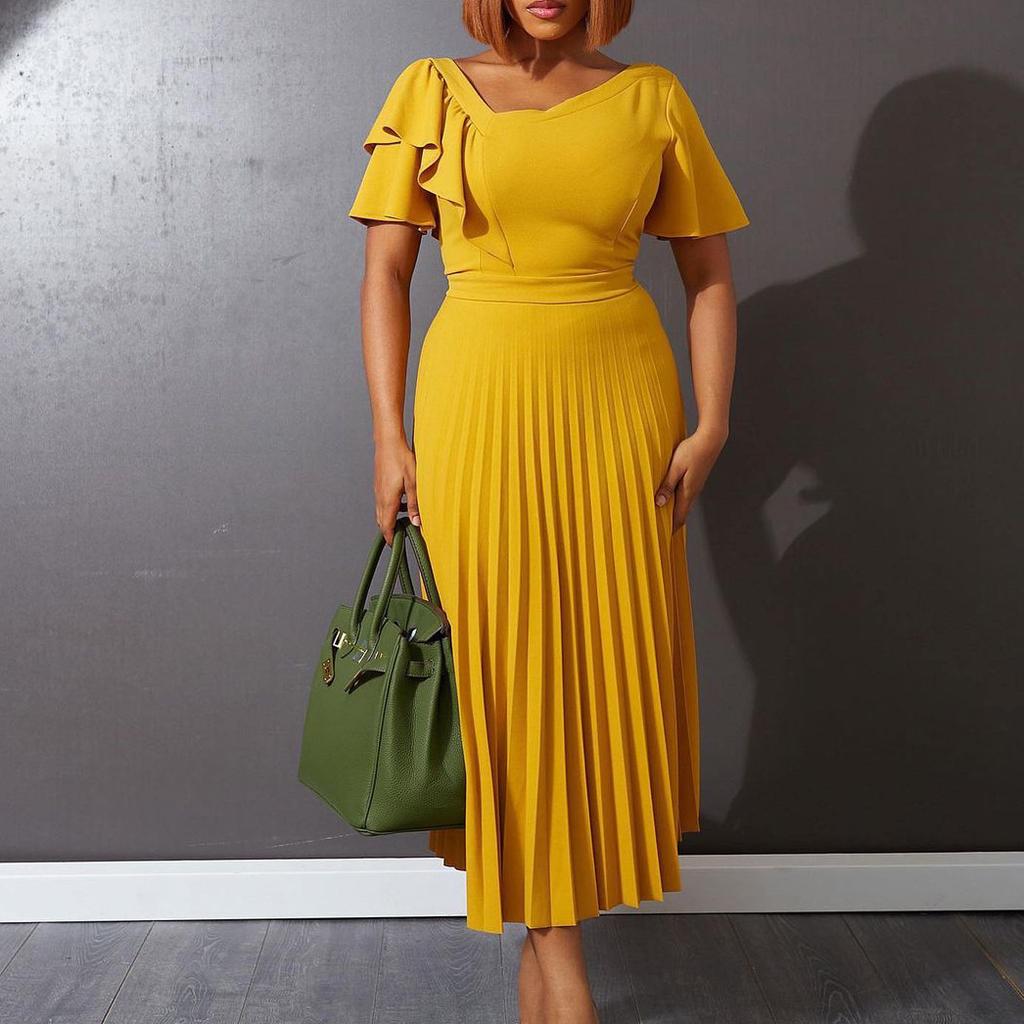 Женское летнее модное однотонное платье с рюшами и рукавами большого размера, женское элегантное цельное плиссированное тонкое платье