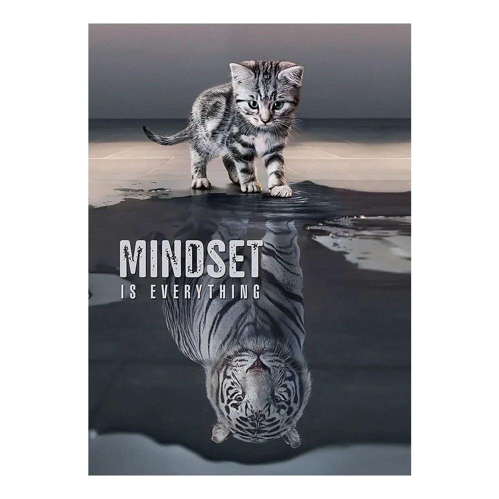 Animal Canvas Painting Cat and Tiger Mindset Is Everything Motivation Modern Canvas Wall Art Inspirational Quote Print On Canvas