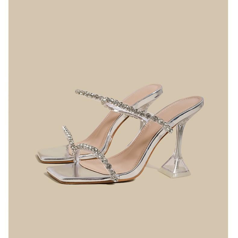 Серебристые туфли на высоком каблуке женские летние стразы слово с босоножками на высоком каблуке женские 2025 новые классные тапочки женская летняя одежда