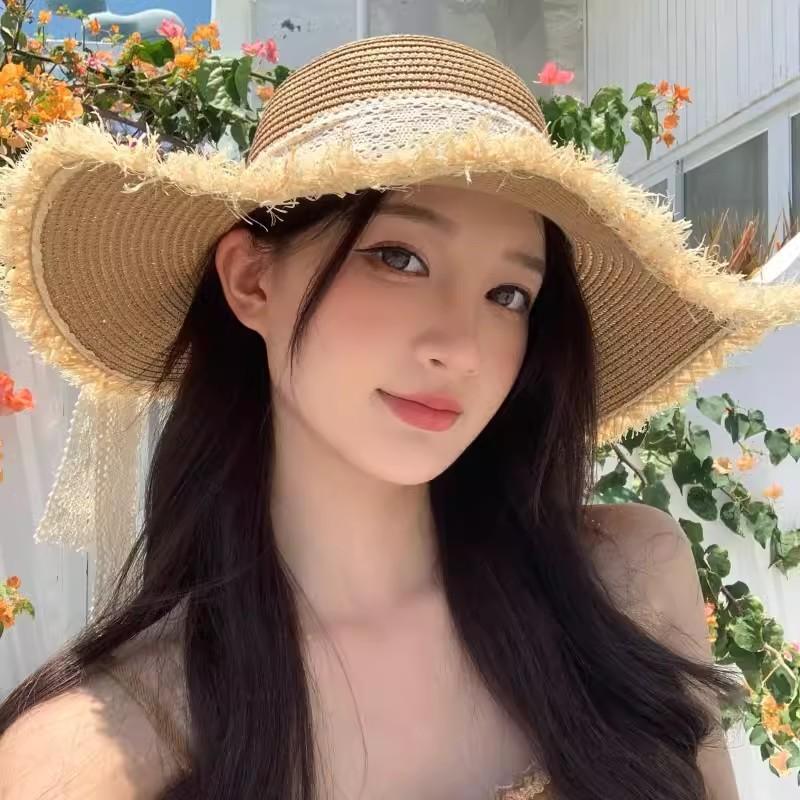 Lace Bow Straw Hat Women's Summer Seaside 2024 New Sunscreen Hat French Fashion Big Brim Sun Hat