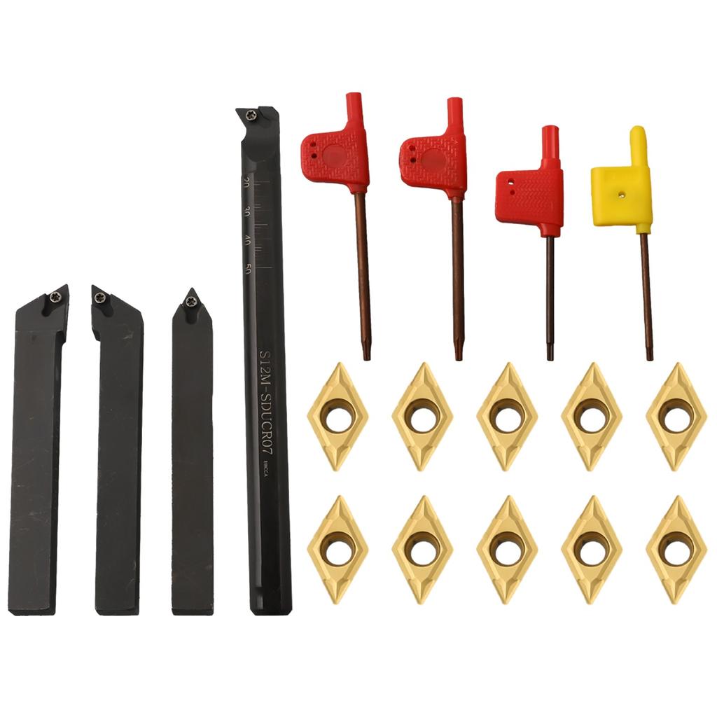 10pcs Carbide Rts + 4pcs Lathe Tool Holder + 4pcs Lathe Key Machine Tool Set