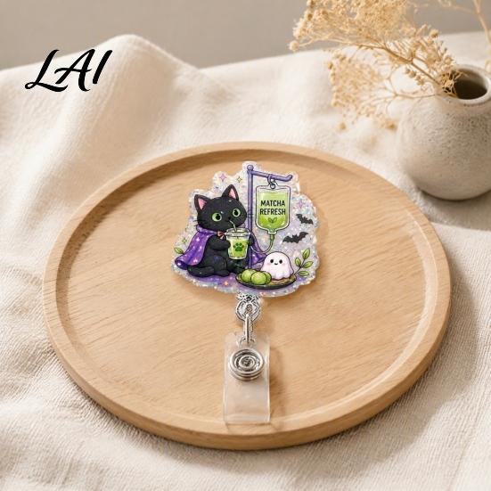 Halloween Office Decor Retractable Badge Reel Ghost Black Cat And Pumpkin Design Acrylic Id Reel 360 Degree Rotating ID Holder for Nurses Staff Card
