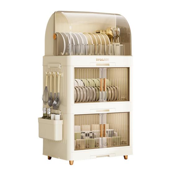 Штабелируемый ящик для хранения посуды, многоярусный органайзер для столовой посуды с прозрачной крышкой, дверцами, крючками, контейнеры для хранения тарелок, чашек, с поддоном для слива