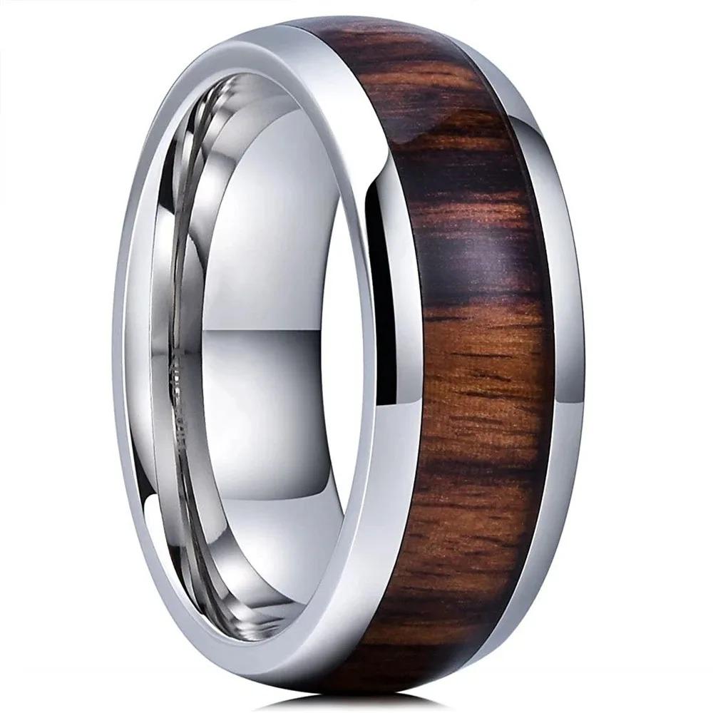 Fashion 8MM Copper Color Stainless Steel Rings For Men Women Domed Koa Wood Inlay Promise Rings Wedding Engagement Jewelry Gift