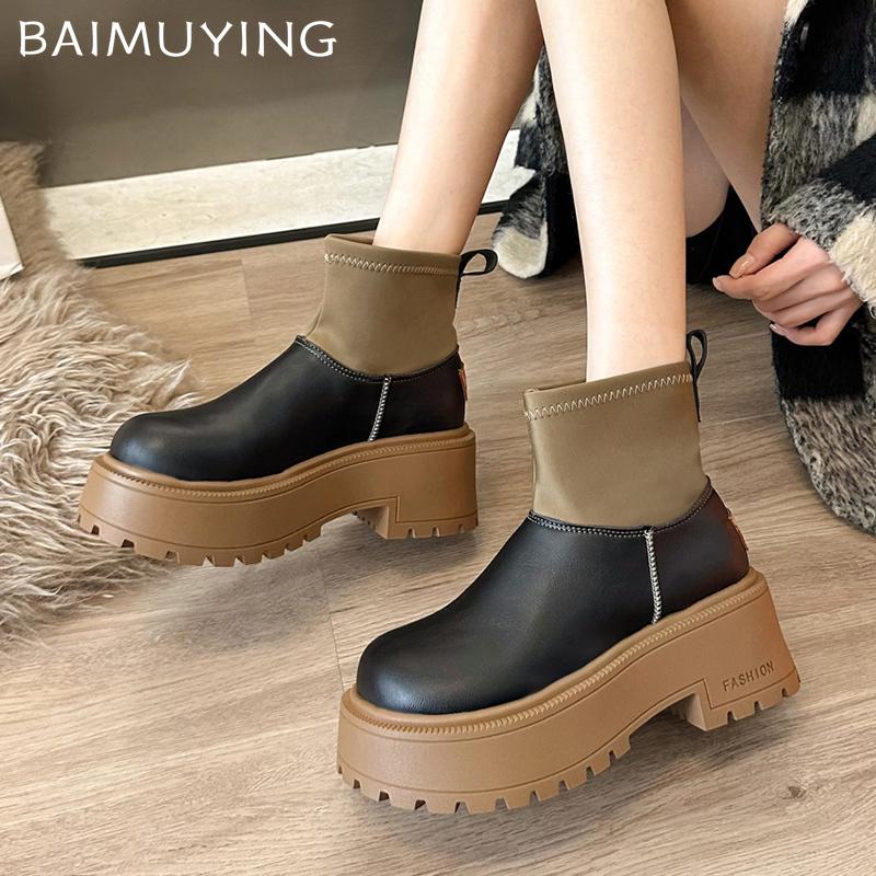 Women Leather Platform Women Ankle Boots Fashion Mid Heels Winter Shoes 2025 Trend New Brand Chunky Pumps Goth Botas De Mujer