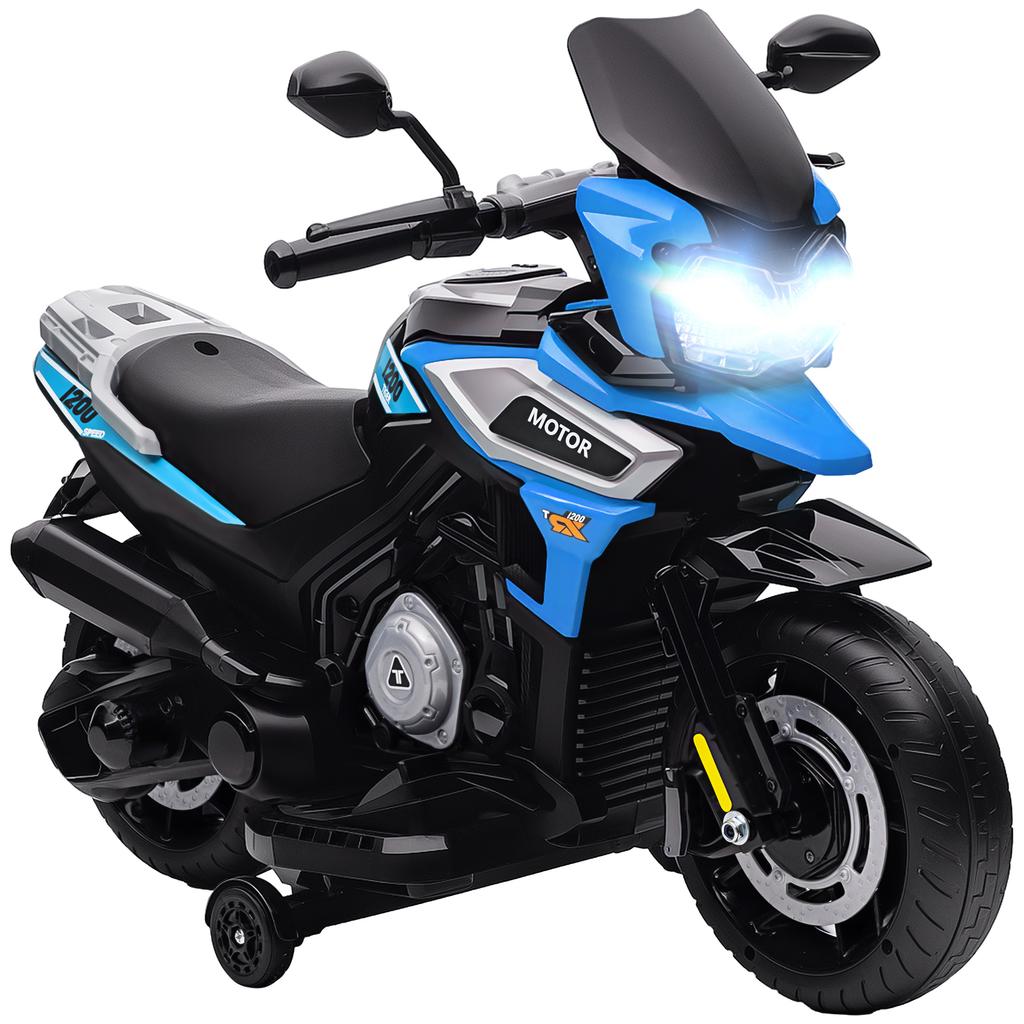 Electric Children's Motorbike with Training Wheels, Mirrors and Footrests, in PP and Metal, 85.5x44.5x56 cm, Blue