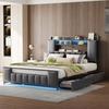 Upholstery Bed 160x200 Cm, Multifunctional Bed with LED Light, USB Socket, Drawers, Solid Iron Bed Frame, Youth Bed, Adult Bed, Double Bed, Synthetic