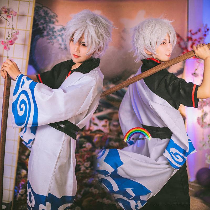 Аниме Gintama Косплей Костюмы Саката Гинтоки Косплей Костюм Кимоно Хэллоуин Карнавал Вечеринка Серебряная Душа Косплей Костюм Парики
